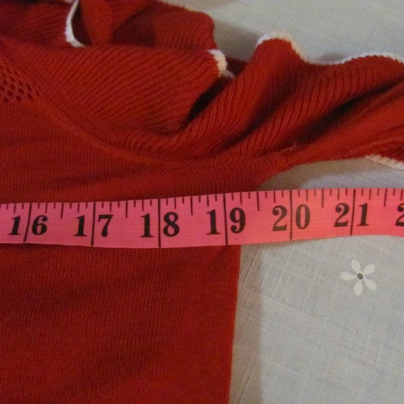 French Connection Red White Cold Shoulder Mesh Knit Sweater Ruffles Size L Large - Picture 7 of 7